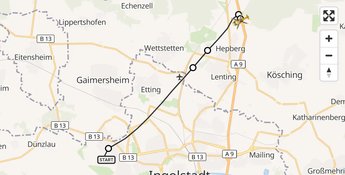 Flugroute Rettungshubschrauber Ingolstadt Hospital - Hepberg, 26 September 2026, 07:17
