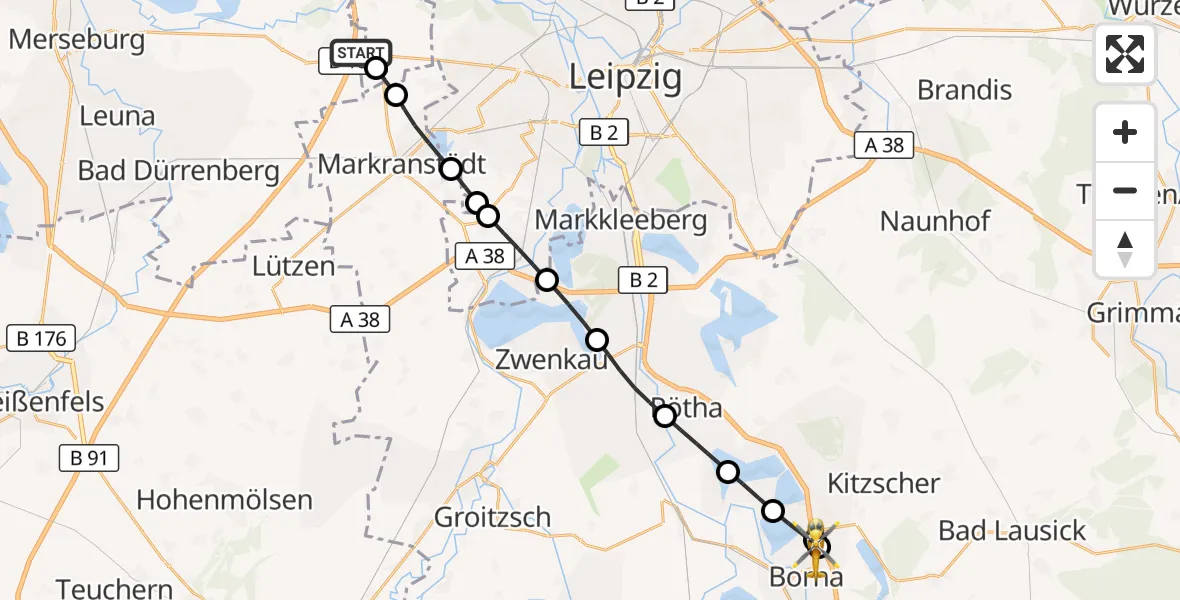 Flugroute Rettungshubschrauber ADAC Air Rescue Station Leipzig/Schkeuditz-Dölzig Hubschrauberlandeplatz (Christoph 61) - Sana Hospital Borna, 26 September 2026, 07:33