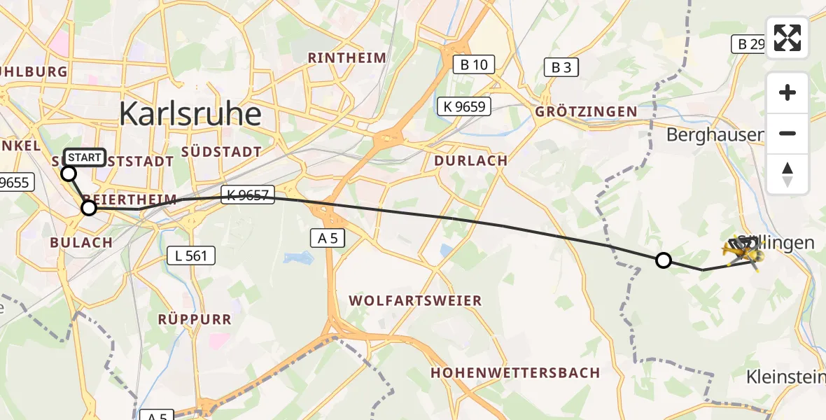 Flugroute Ambulanzhubschrauber Sankt Vincentius Hospital - Pfinztal, 26 September 2026, 07:36