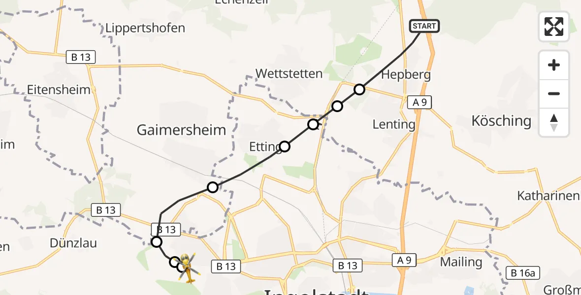 Flugroute Rettungshubschrauber Hepberg - Ingolstadt Hospital, 26 September 2026, 07:43