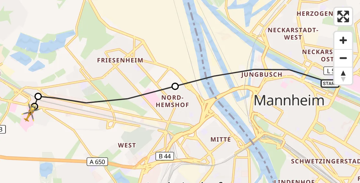 Flugroute Rettungshubschrauber Mannheim - Ludwigshafen Accident Hospital, 26 September 2026, 07:56