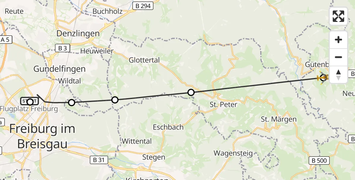 Flugroute Ambulanzhubschrauber Freiburg im Breisgau Flugplatz - Gütenbach, 26 September 2026, 07:57