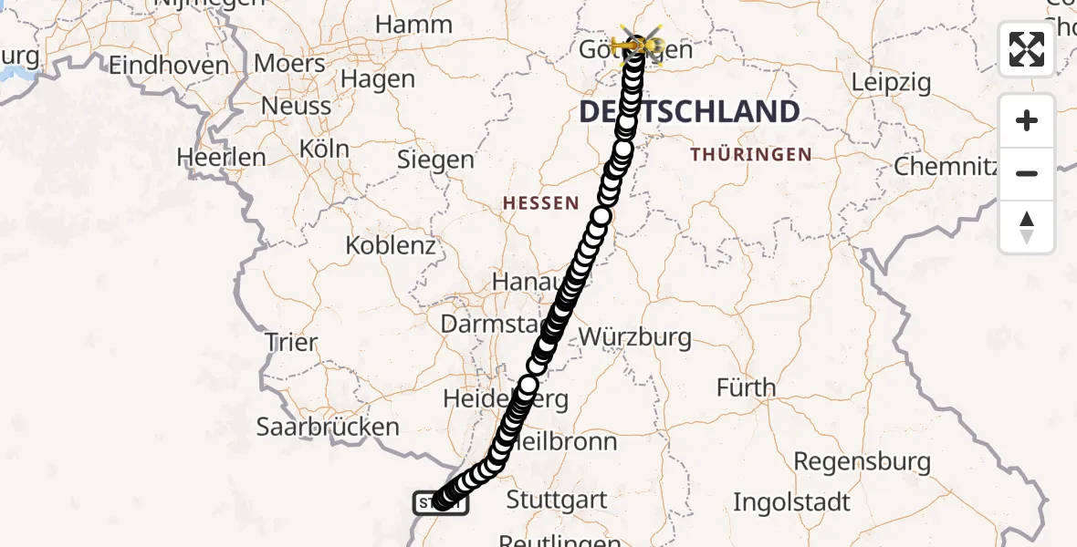 Flugroute Rettungshubschrauber Rheinmünster - Göttingen University Clinic Hubschrauberlandeplatz, 26 September 2026, 08:05