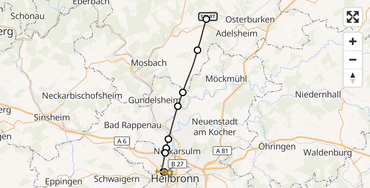 Flugroute Rettungshubschrauber Seckach - Heilbronn Hospital, 26 September 2026, 08:15
