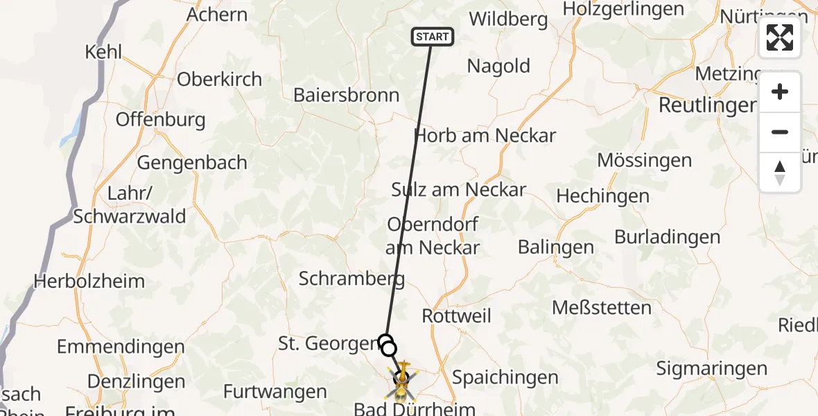 Flugroute Ambulanzhubschrauber Altensteig - DRF Air Rescue Station Villingen-Schwenningen Hubschrauberlandeplatz (Christoph 11), 26 September 2026, 08:26