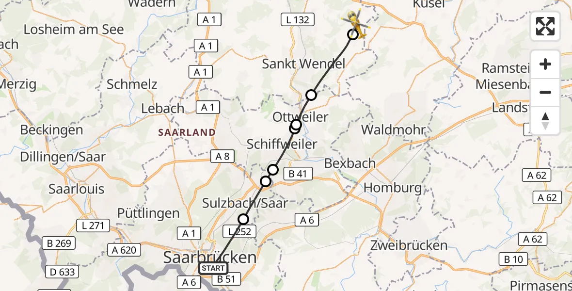 Flugroute Rettungshubschrauber Saarbrücken - Freisen, 26 September 2026, 08:28