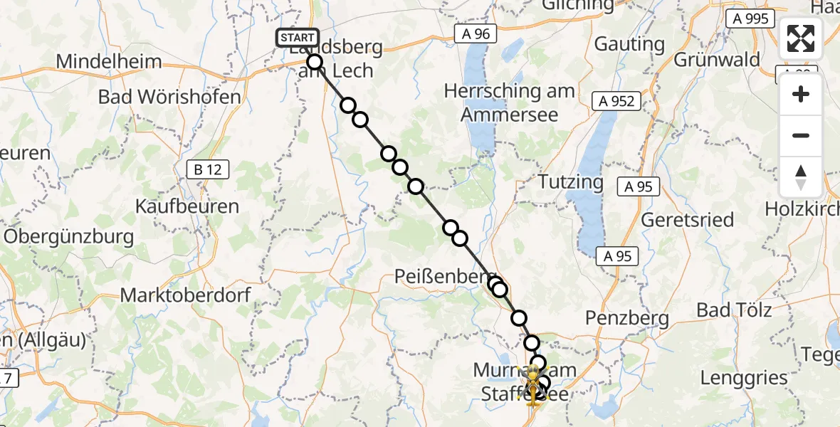 Flugroute Rettungshubschrauber Igling - Murnau Accident Hospital, 26 September 2026, 08:36