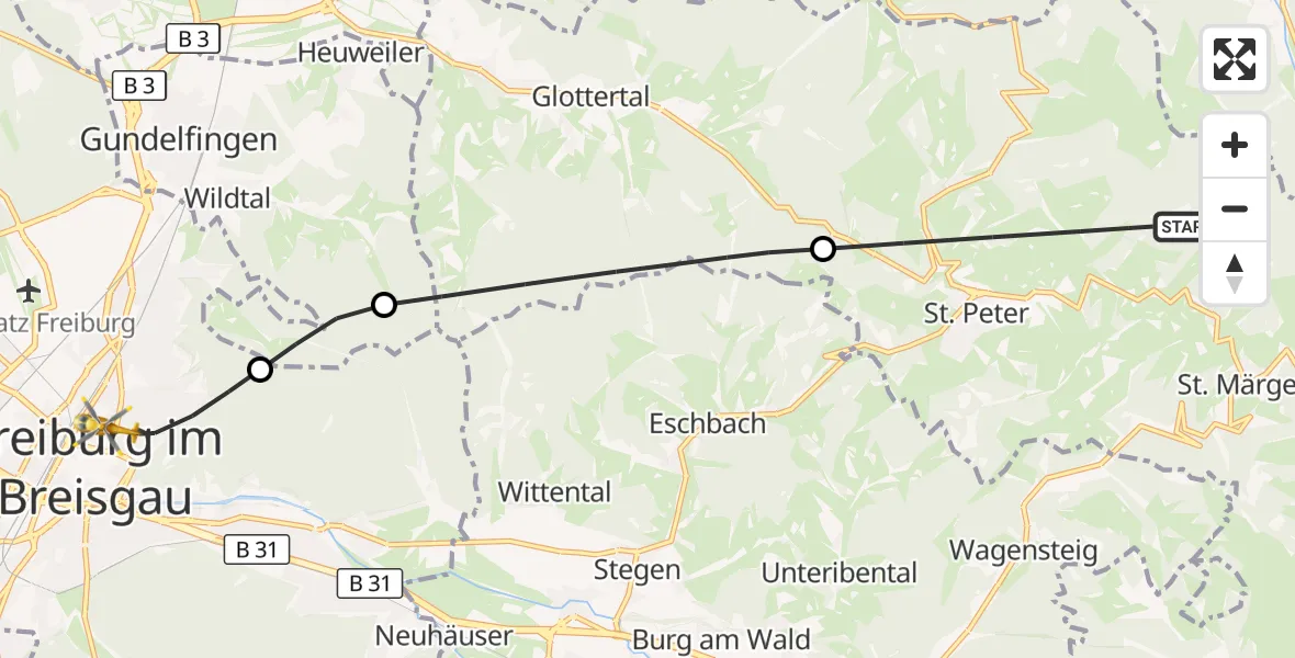 Flugroute Ambulanzhubschrauber St. Peter - Freiburg im Breisgau, 26 September 2026, 08:37