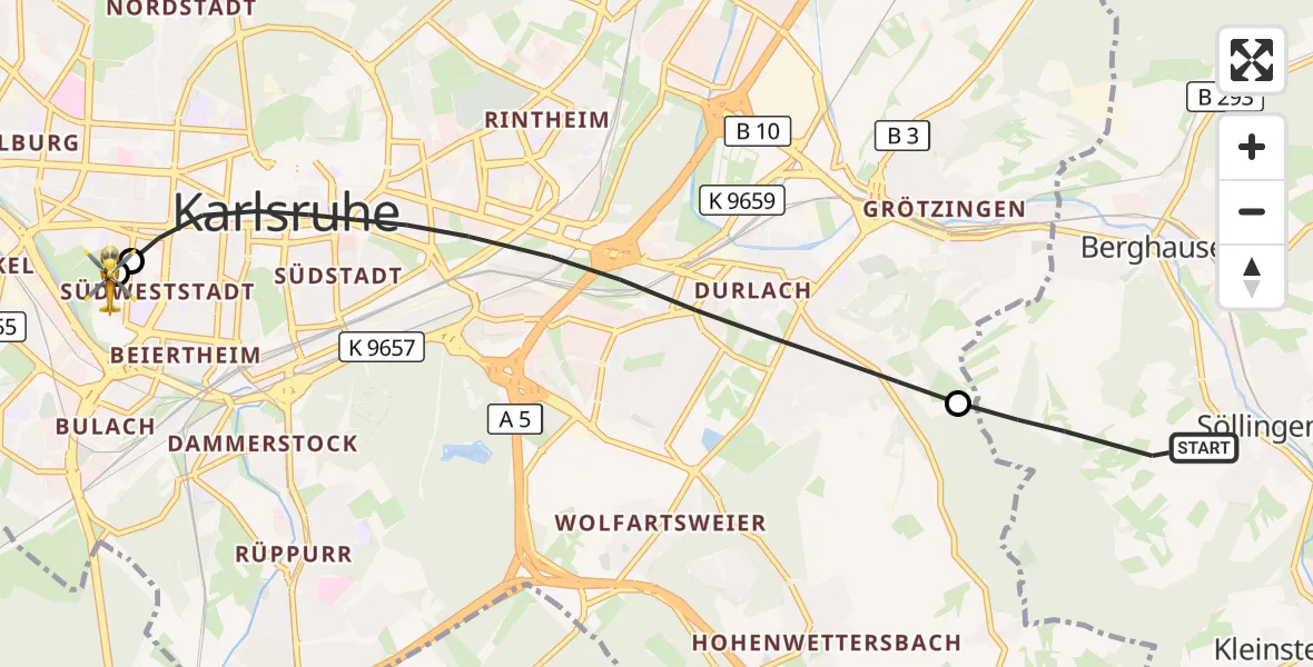 Flugroute Ambulanzhubschrauber Pfinztal - Sankt Vincentius Hospital, 26 September 2026, 08:39
