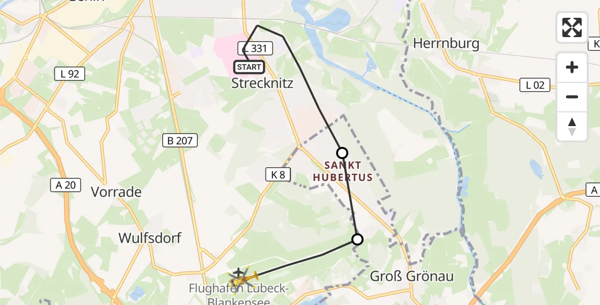 Flugroute Rettungshubschrauber Lübeck - Lübeck Blankensee Flughafen, 26 September 2026, 08:45