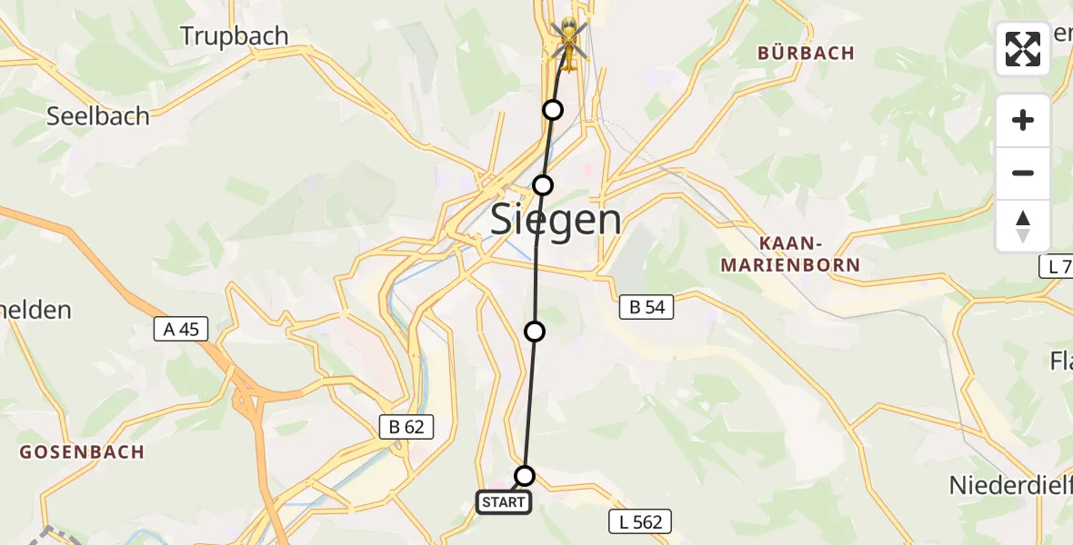 Flugroute Rettungshubschrauber Evangelisches Jung-Stilling Hospital - Siegen, 26 September 2026, 08:53