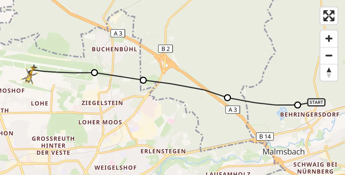 Flugroute Ambulanzhubschrauber Schwaig b.Nürnberg - Flughafen Nuremberg, 26 September 2026, 08:55