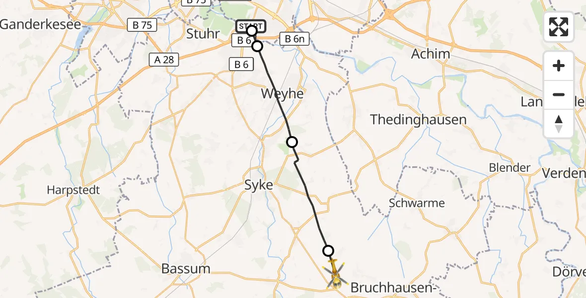 Flugroute Rettungshubschrauber ADAC Air Rescue Station Bremen Hubschrauberlandeplatz (Christoph 6) - Bruchhausen-Vilsen, 26 September 2026, 08:56