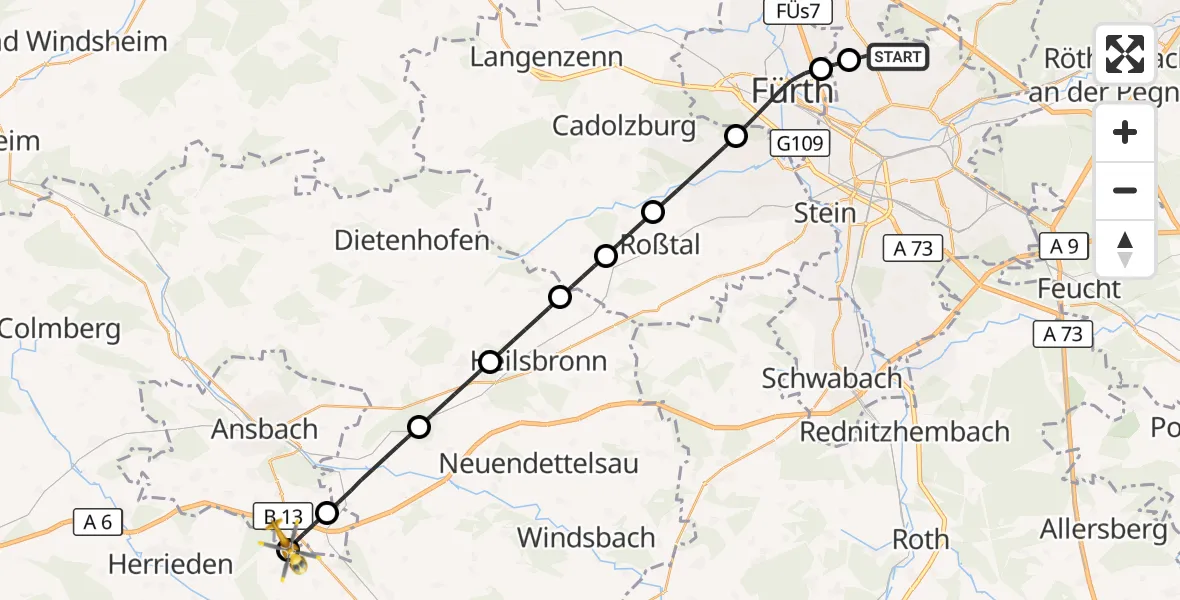 Flugroute Ambulanzhubschrauber Flughafen Nuremberg - Burgoberbach, 26 September 2026, 09:09