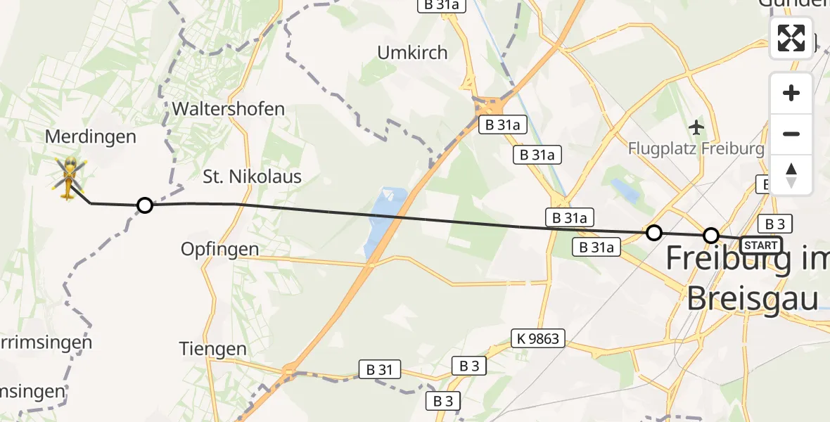 Flugroute Ambulanzhubschrauber Freiburg im Breisgau - Merdingen, 26 September 2026, 09:10