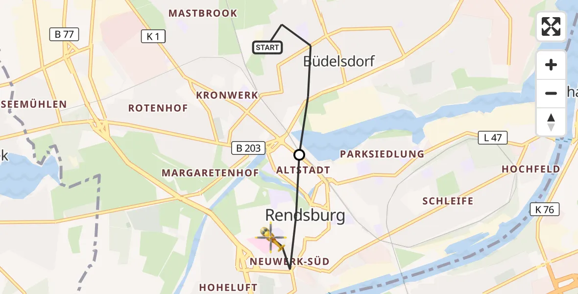 Flugroute Ambulanzhubschrauber Büdelsdorf - Rendsburg, 26 September 2026, 09:27
