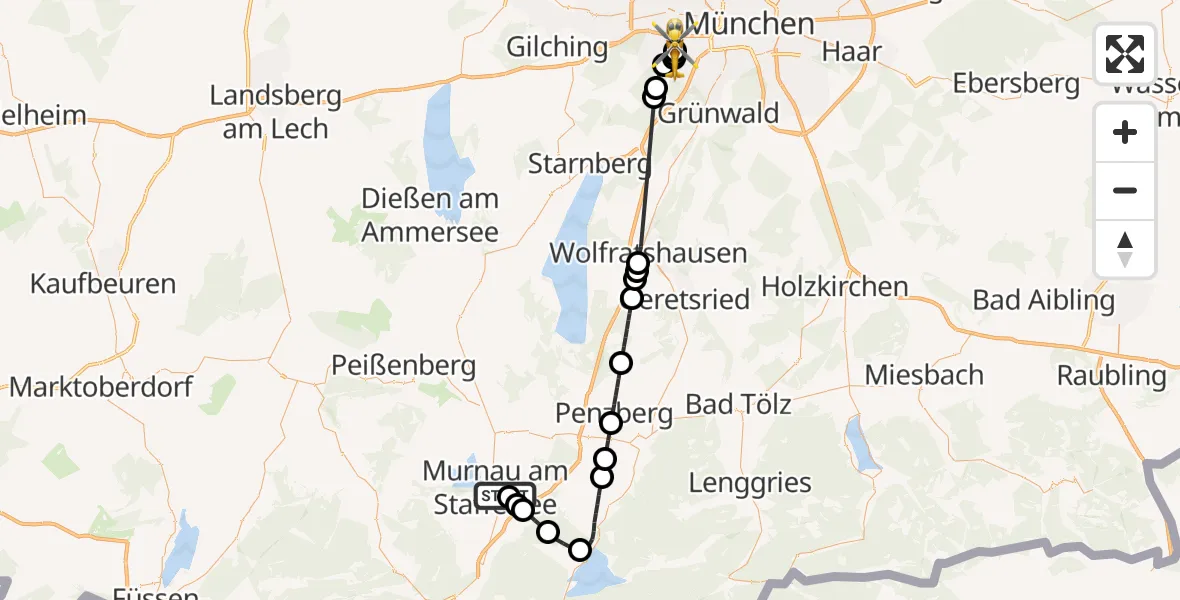 Flugroute Rettungshubschrauber Murnau Accident Hospital - DRF Air Rescue München Hubschrauberlandeplatz, 26 September 2026, 09:35