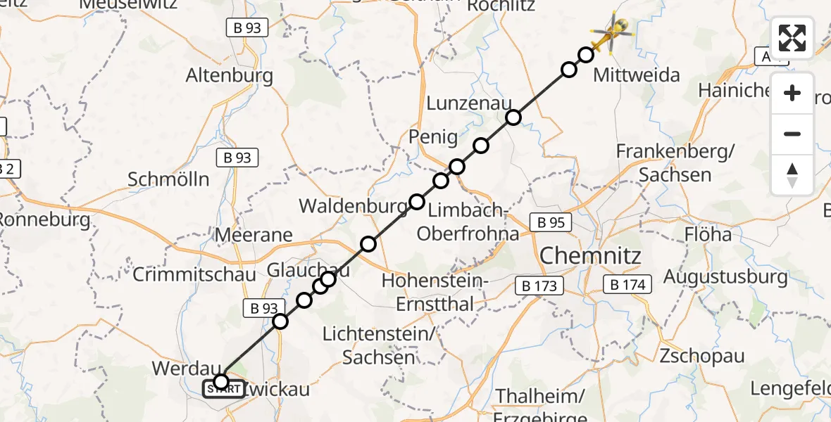 Flugroute Rettungshubschrauber ADAC Air Rescue Station Zwickau Hubschrauberlandeplatz - Erlau, 26 September 2026, 09:37