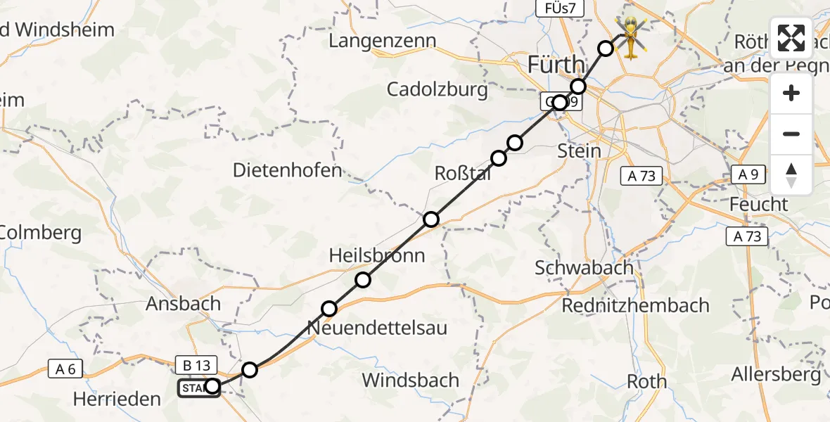 Flugroute Ambulanzhubschrauber Burgoberbach - Flughafen Nuremberg, 26 September 2026, 09:54