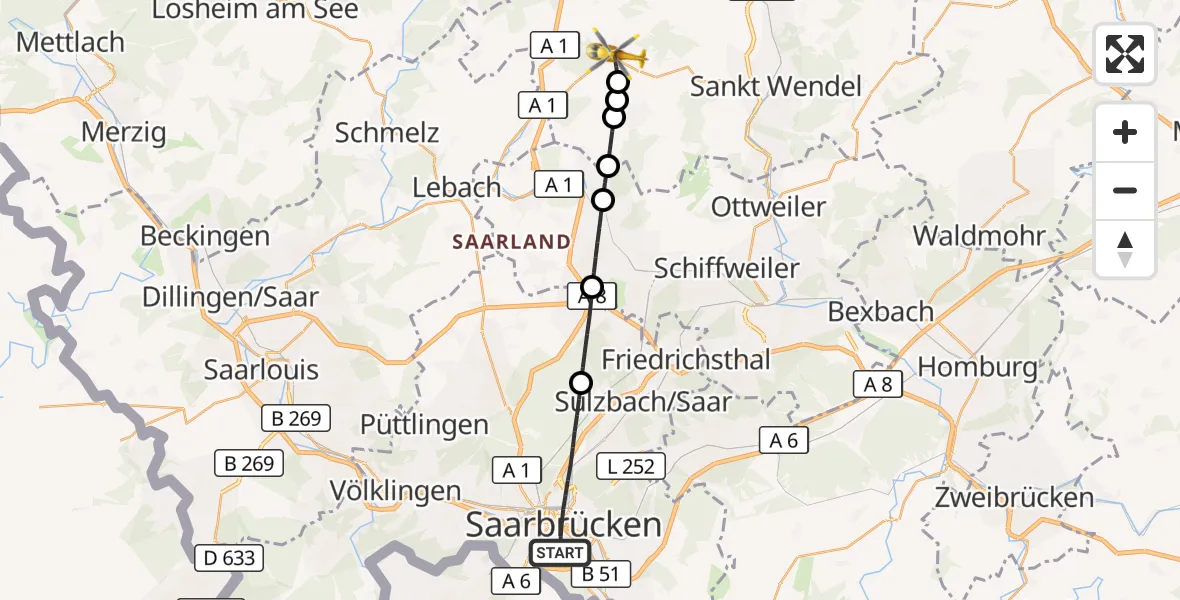 Flugroute Rettungshubschrauber Saarbrücken - Tholey, 26 September 2026, 09:57