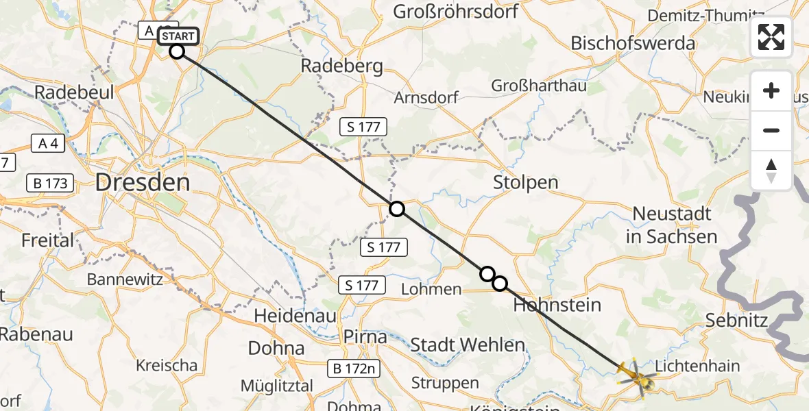 Flugroute Rettungshubschrauber Dresden Flughafen - Sebnitz, 26 September 2026, 10:02