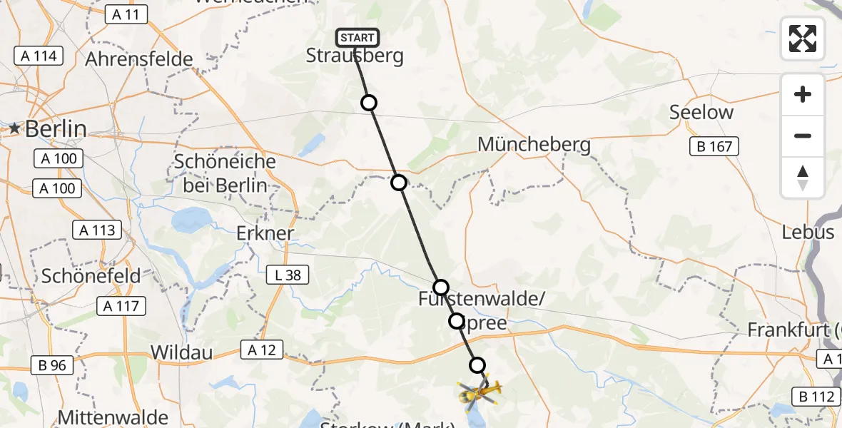 Flugroute Rettungshubschrauber Strausberg - Bad Saarow Hospital Hubschrauberlandeplatz, 26 September 2026, 10:09