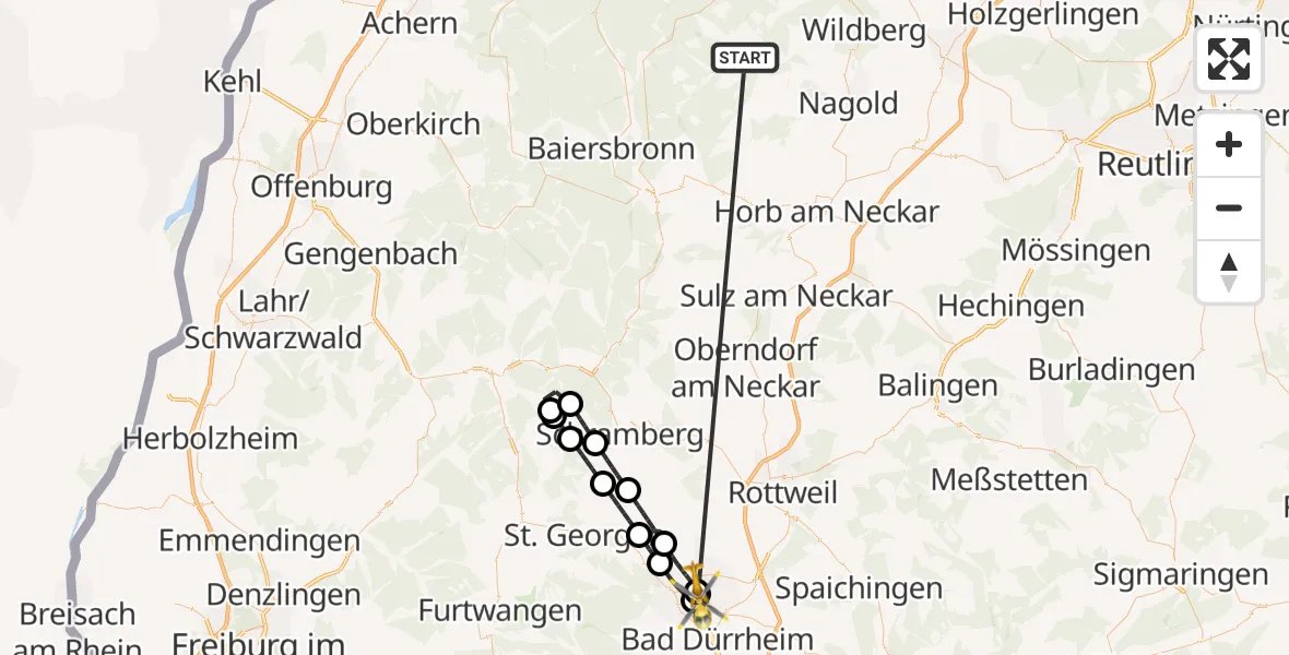 Flugroute Ambulanzhubschrauber Altensteig - DRF Air Rescue Station Villingen-Schwenningen Hubschrauberlandeplatz (Christoph 11), 26 September 2026, 10:13