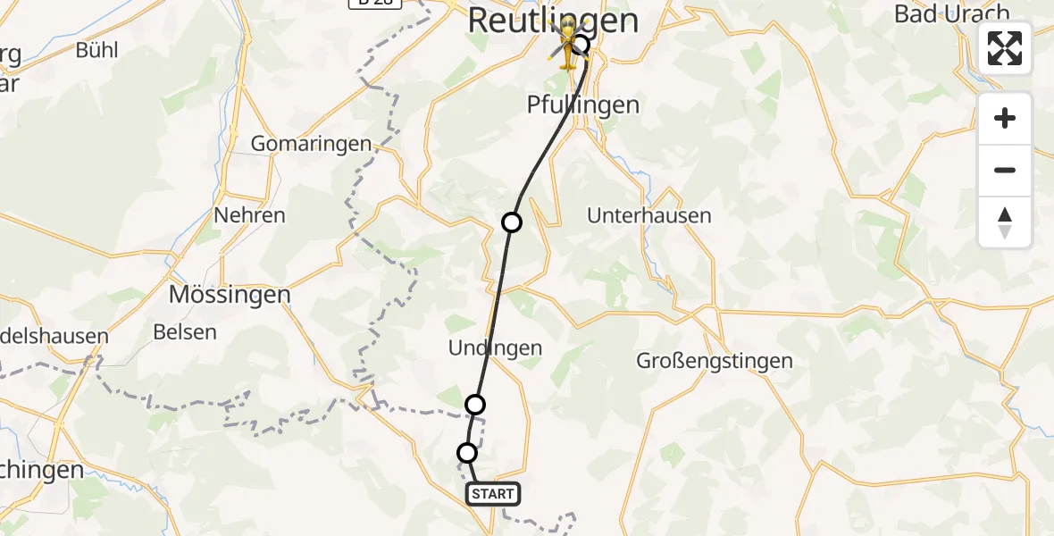 Flugroute Rettungshubschrauber Sonnenbühl - Reutlingen, 26 September 2026, 10:17