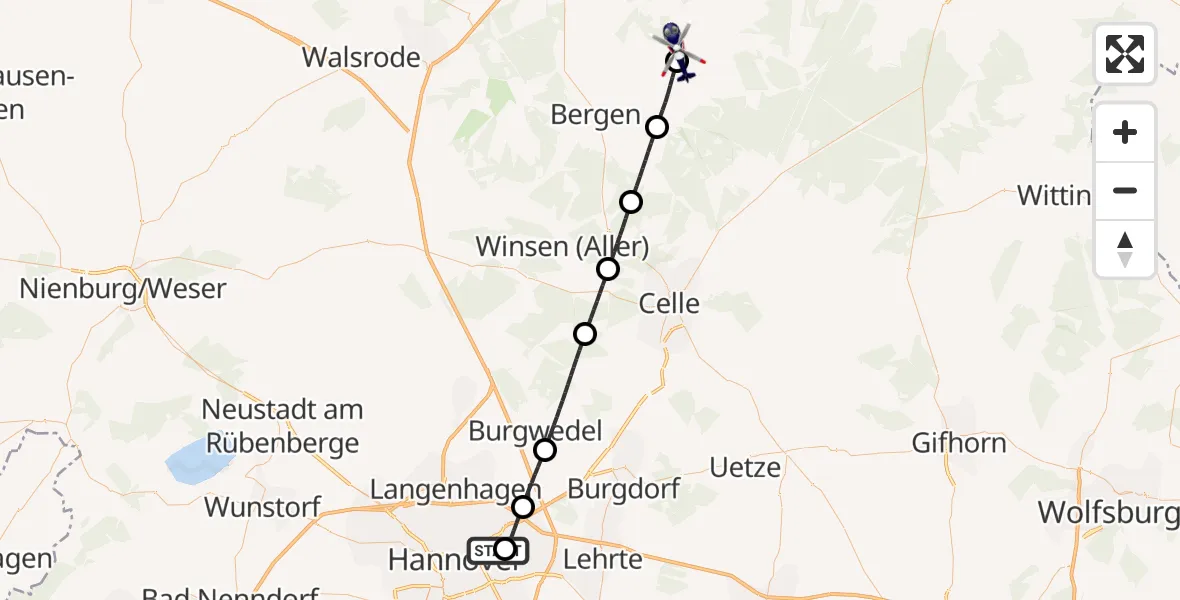 Flugroute Polizeihubschrauber Hannover Luftrettung Hubschrauberlandeplatz (Christoph 4) - Faßberg, 26 September 2026, 10:18