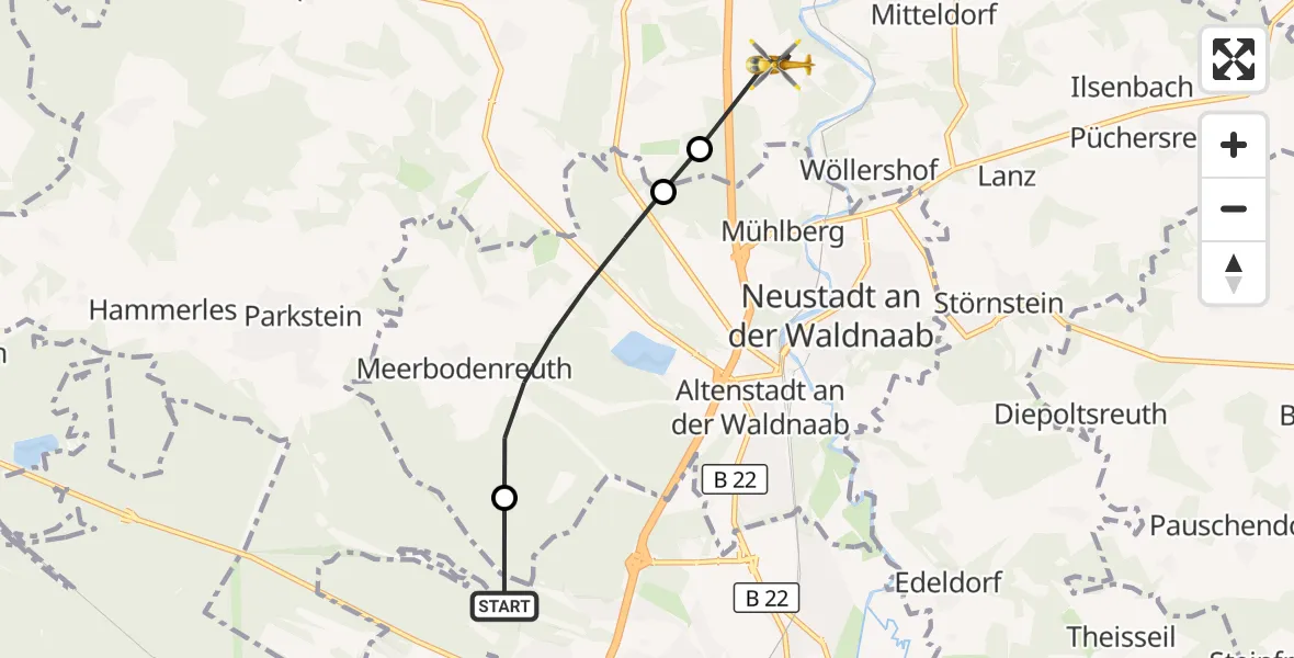 Flugroute Ambulanzhubschrauber Weiden i.d.OPf. - Kirchendemenreuth, 26 September 2026, 10:34
