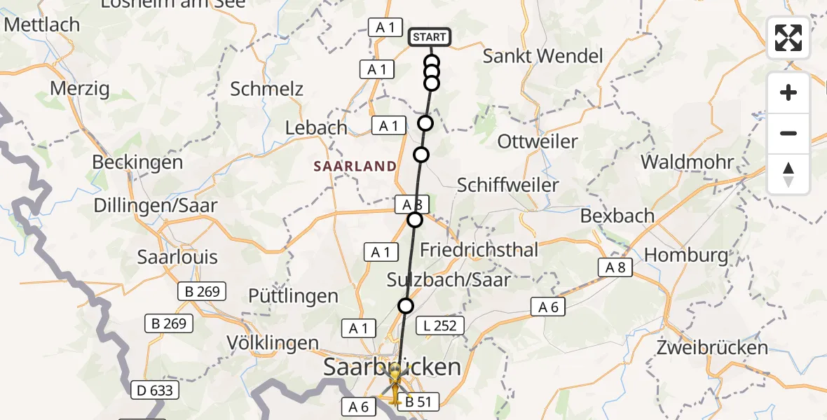 Flugroute Rettungshubschrauber Tholey - Saarbrücken, 26 September 2026, 10:38