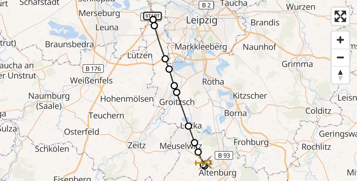 Flugroute Rettungshubschrauber ADAC Air Rescue Station Leipzig/Schkeuditz-Dölzig Hubschrauberlandeplatz (Christoph 61) - Rositz, 26 September 2026, 10:40