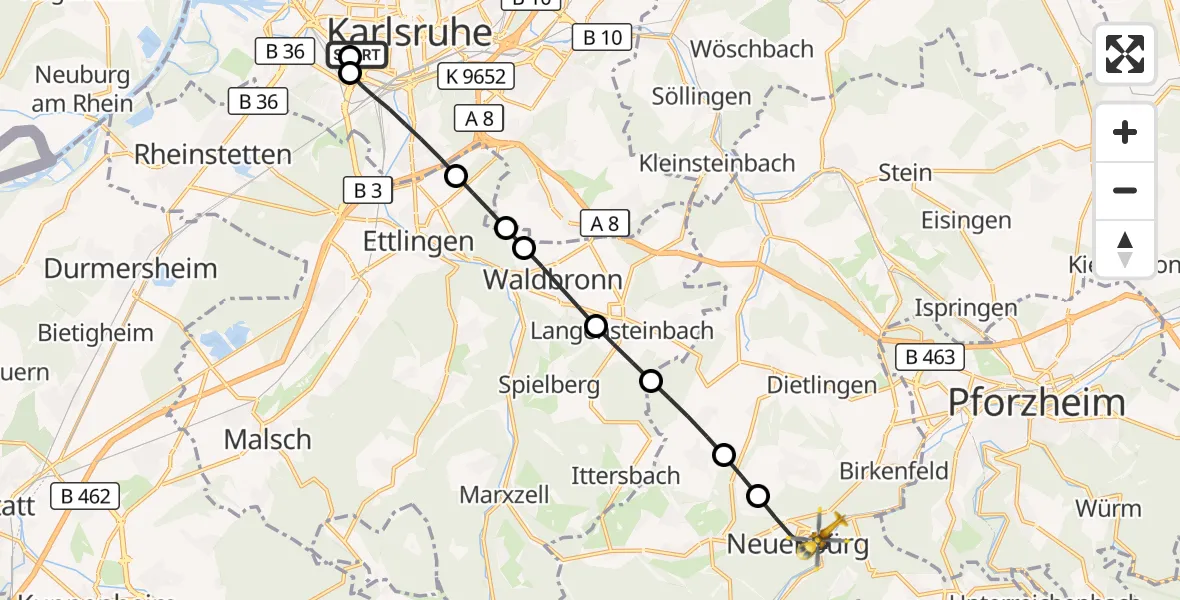 Flugroute Ambulanzhubschrauber Sankt Vincentius Hospital - Neuenbürg, 26 September 2026, 10:57
