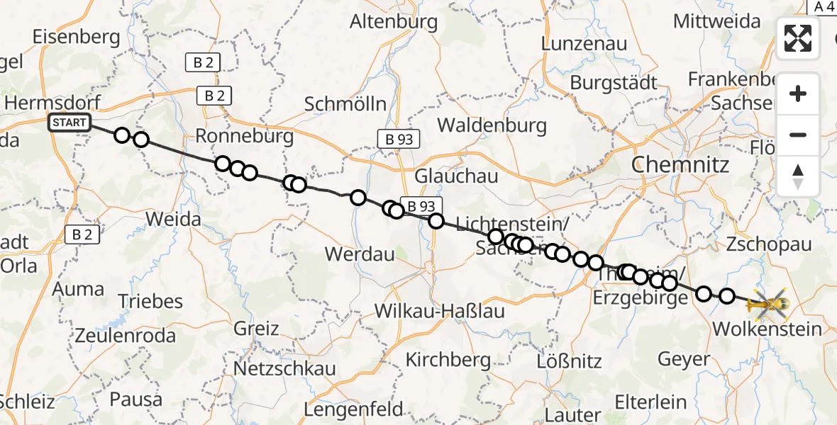 Flugroute Rettungshubschrauber Kraftsdorf - Großolbersdorf, 26 September 2026, 10:58