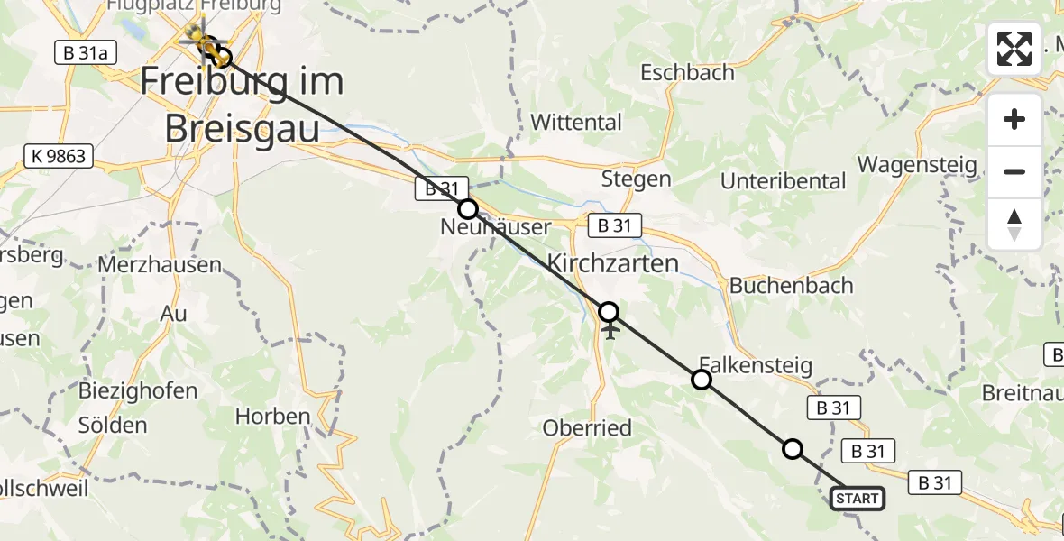 Flugroute Ambulanzhubschrauber Breitnau - Freiburg University Hospital Heliport 1, 26 September 2026, 11:03