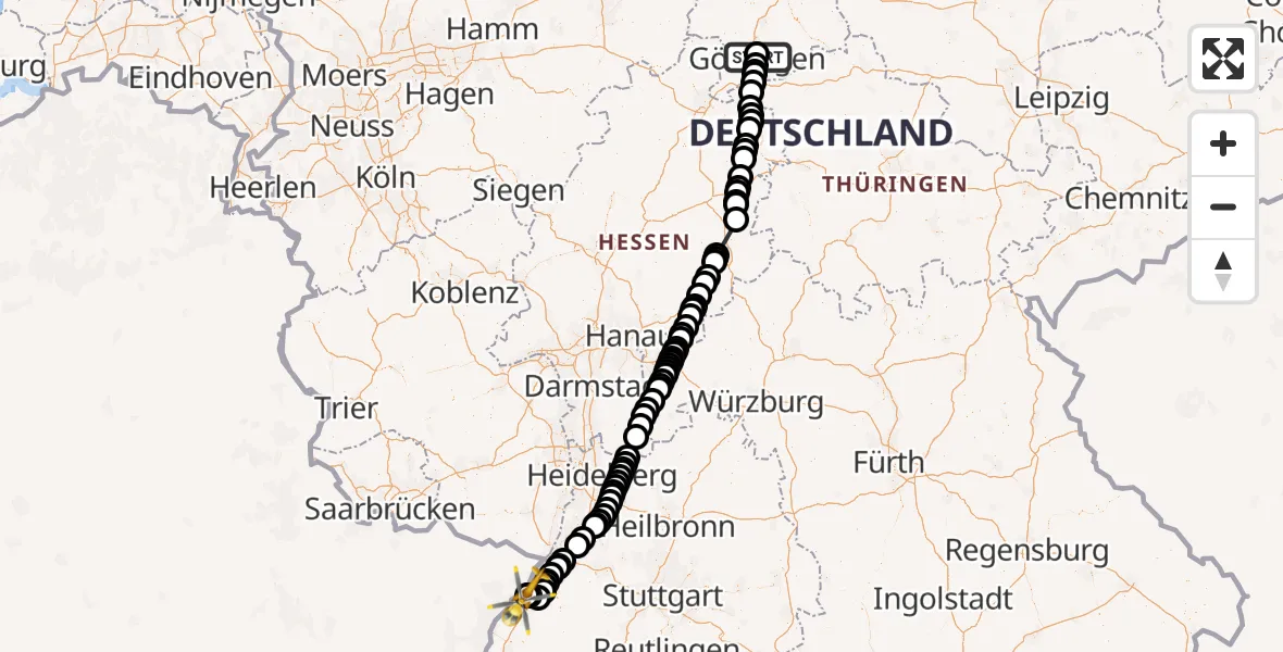 Flugroute Rettungshubschrauber Göttingen University Clinic Hubschrauberlandeplatz - Karlsruhe Baden-Baden Flughafen, 26 September 2026, 11:04