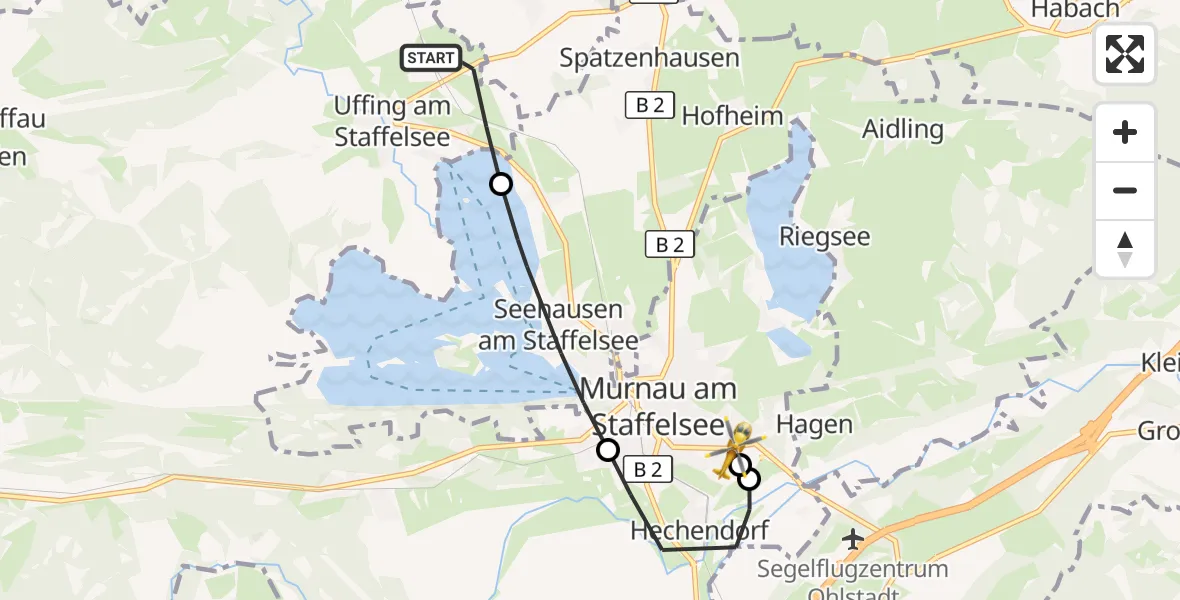 Flugroute Rettungshubschrauber Uffing a.Staffelsee - Murnau Accident Hospital, 26 September 2026, 11:04