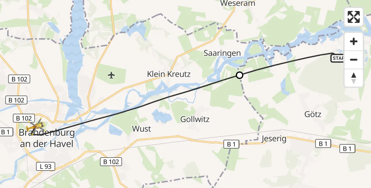 Flugroute Rettungshubschrauber Groß Kreutz (Havel) - Brandenburg an der Havel, 26 September 2026, 11:12