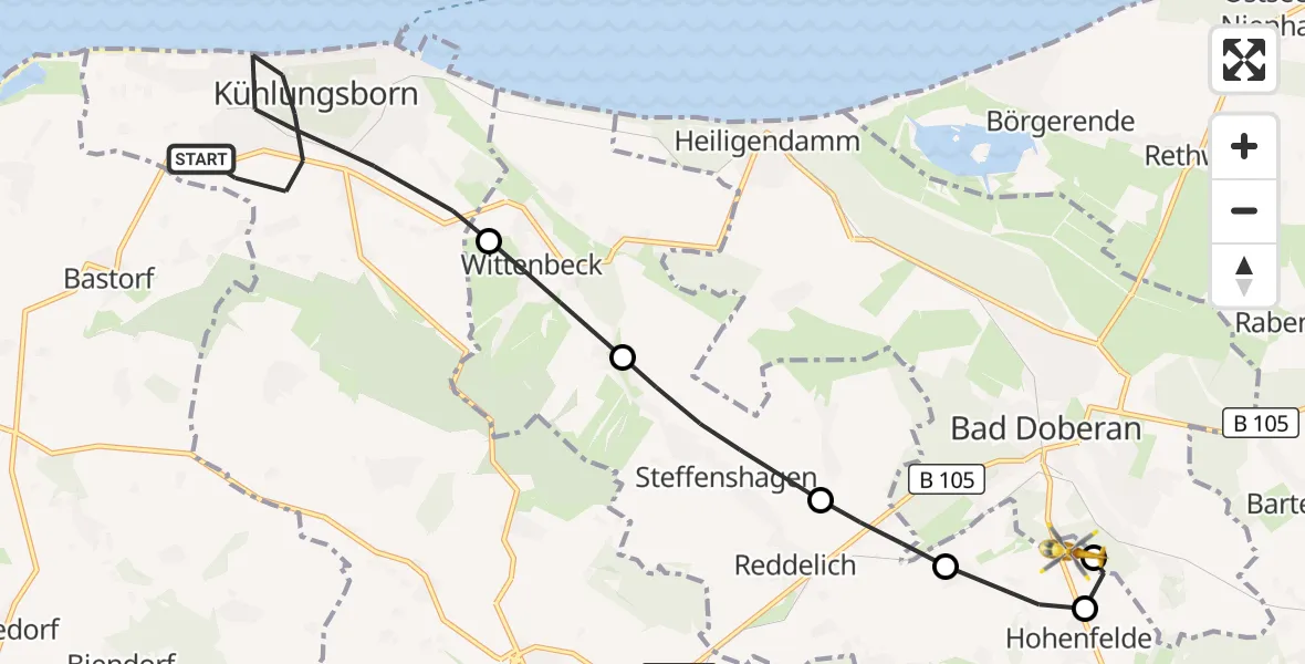 Flugroute Ambulanzhubschrauber Kühlungsborn - Hohenfelde, 26 September 2026, 11:16