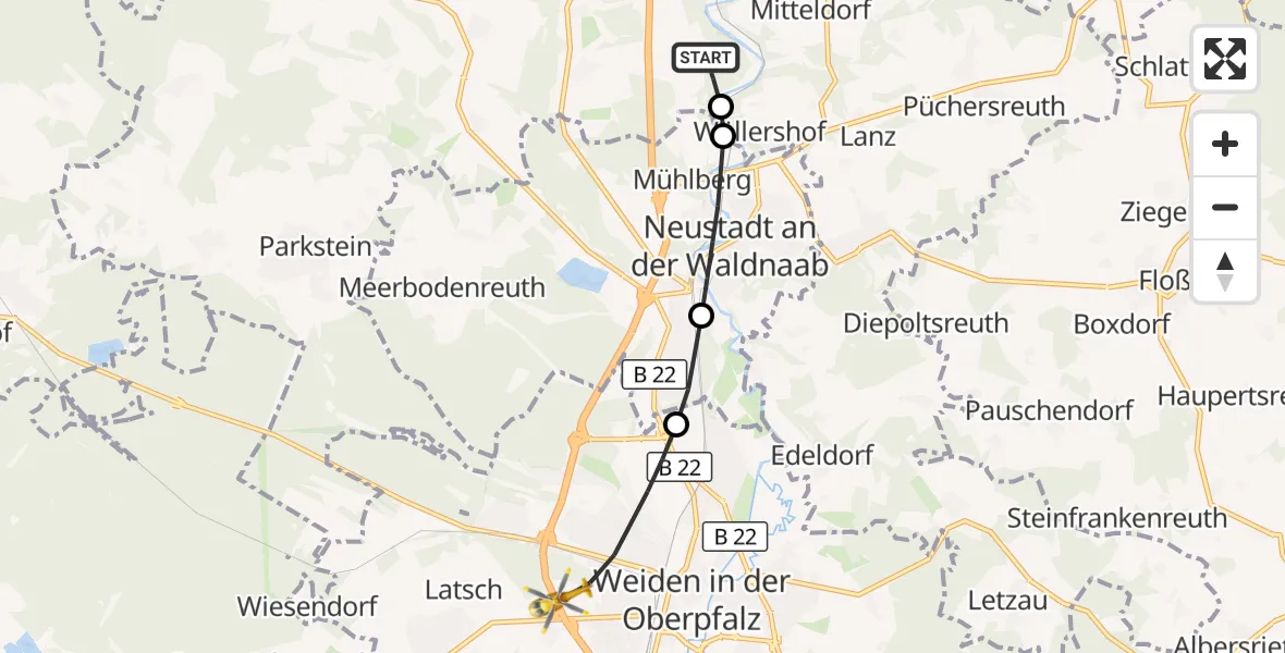 Flugroute Ambulanzhubschrauber Kirchendemenreuth - Weiden i.d.OPf., 26 September 2026, 11:18