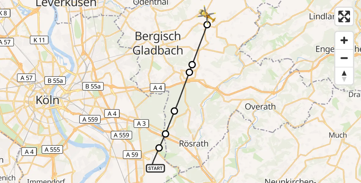 Flugroute Ambulanzhubschrauber Köln Bonn Flughafen - Kürten, 26 September 2026, 11:26