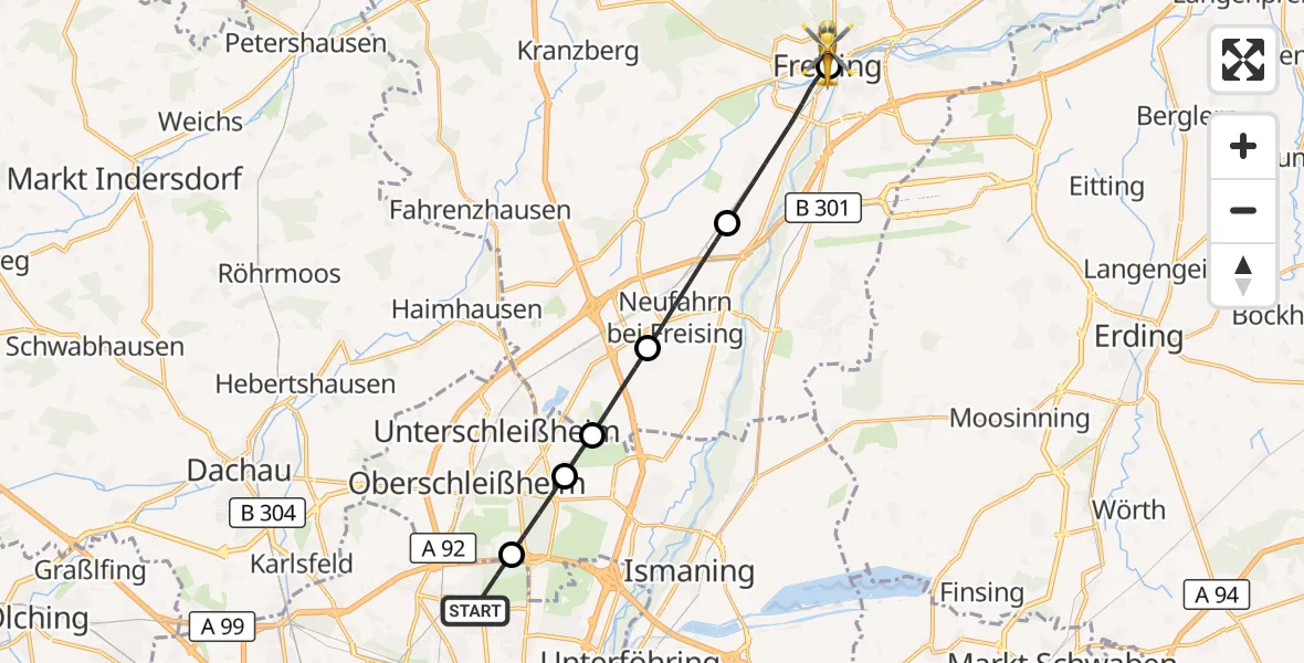 Flugroute Rettungshubschrauber München - Freising Clinic Hubschrauberlandeplatz, 26 September 2026, 11:39