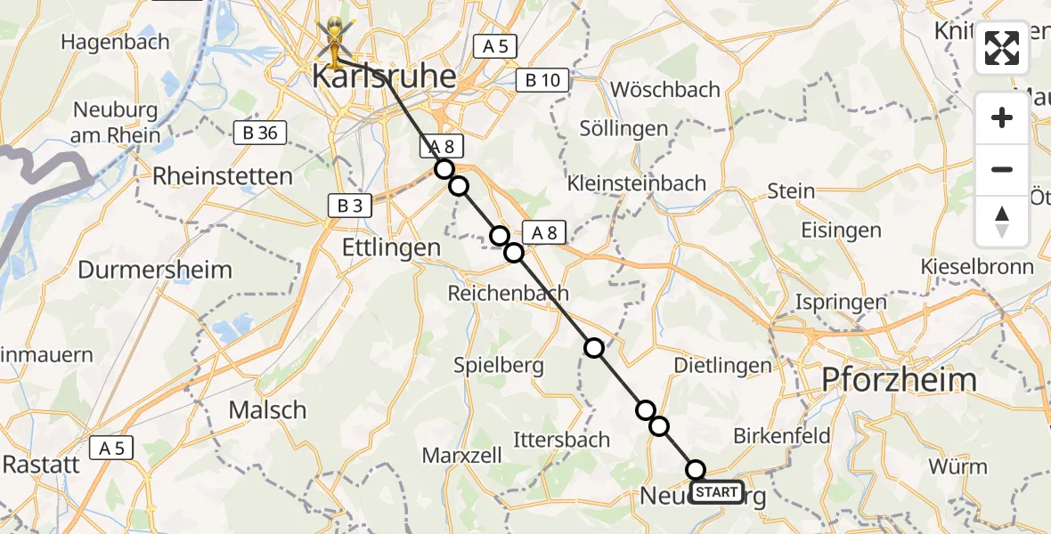Flugroute Ambulanzhubschrauber Neuenbürg - Karlsruhe, 26 September 2026, 11:46