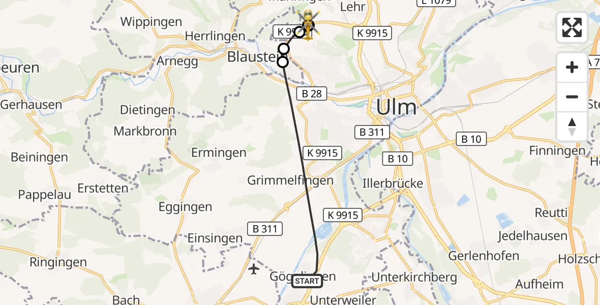 Flugroute Rettungshubschrauber Ulm - ADAC Air Rescue Station Ulm (Christoph 22), 26 September 2026, 11:49