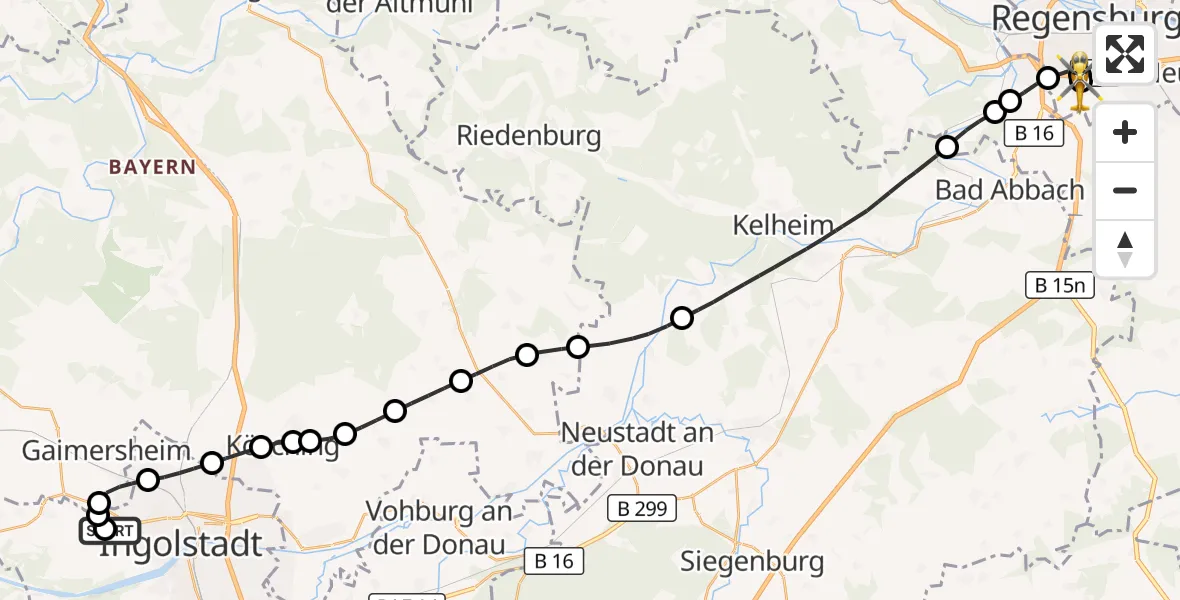 Flugroute Rettungshubschrauber Ingolstadt Hospital - DRF Air Rescue Station Regensburg / Regensburg University Hospital, 26 September 2026, 11:49