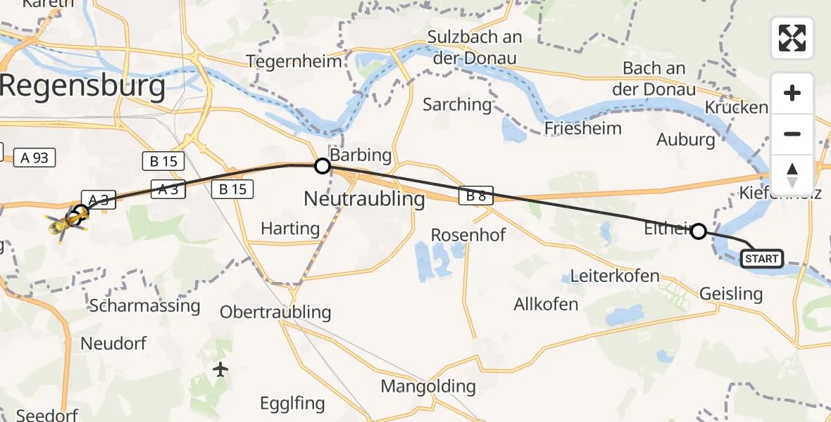 Flugroute Rettungshubschrauber Wörth a.d.Donau - DRF Air Rescue Station Regensburg / Regensburg University Hospital, 26 September 2026, 11:52