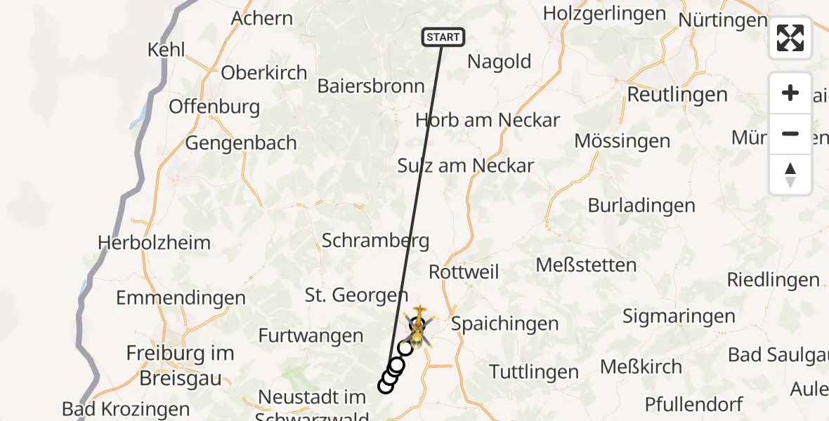 Flugroute Ambulanzhubschrauber Altensteig - DRF Air Rescue Station Villingen-Schwenningen Hubschrauberlandeplatz (Christoph 11), 26 September 2026, 11:56