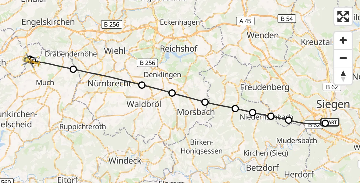 Flugroute Rettungshubschrauber Evangelisches Jung-Stilling Hospital - Much, 26 September 2026, 12:00
