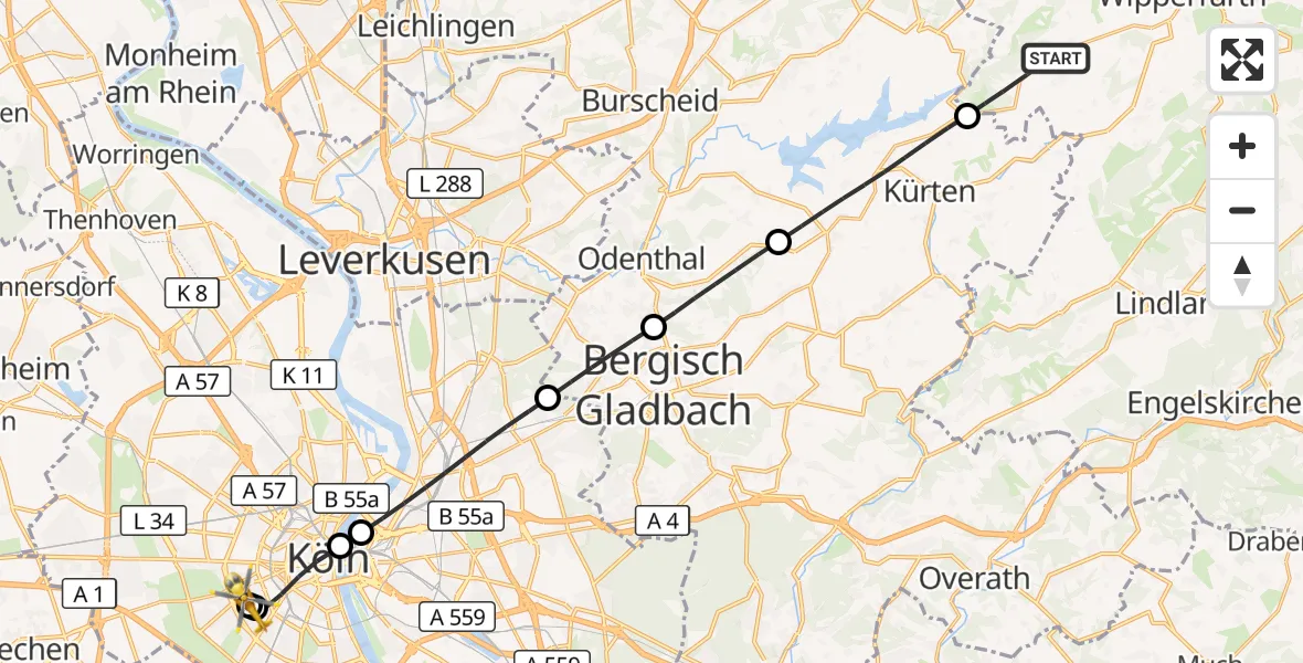 Flugroute Rettungshubschrauber Wipperfürth - Köln University Hospital, 26 September 2026, 12:07