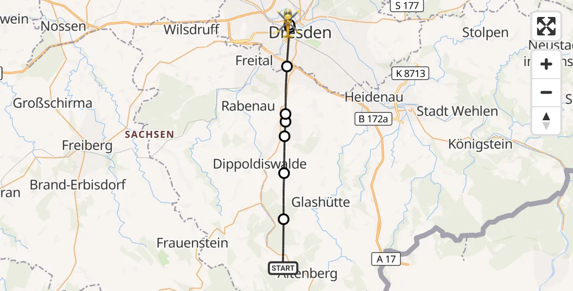 Flugroute Rettungshubschrauber Altenberg - Dresden Friedrichstadt Hospital, 26 September 2026, 12:10